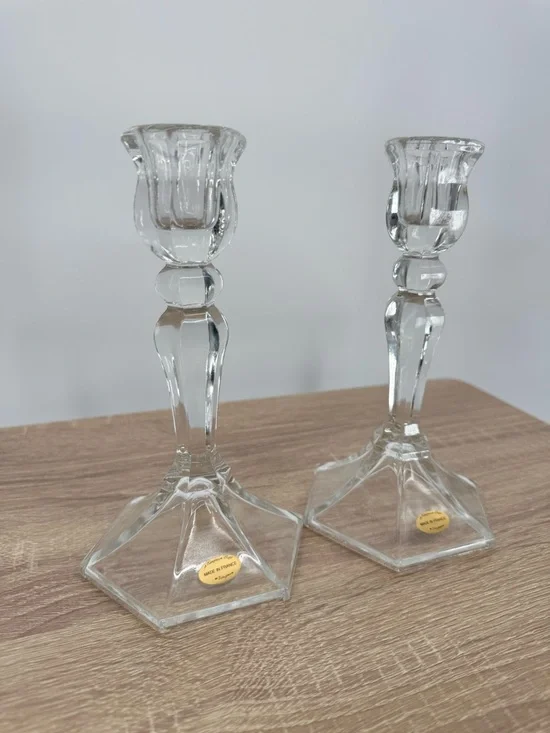 Vintage Teleflora French Crystal Glass Candlestick Holders Pair France 7" - Picture 7 of 8